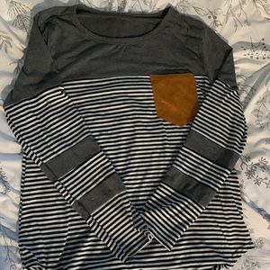 Long Sleeve Black and White Strip Shirt w/ Burnt Orange Pocket